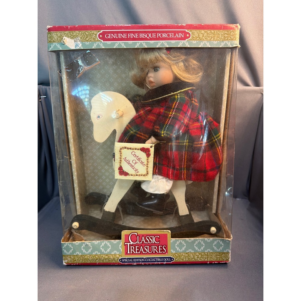 Classic Treasures Porcelain Doll on Rocking Horse Plaid Dress Special Edition